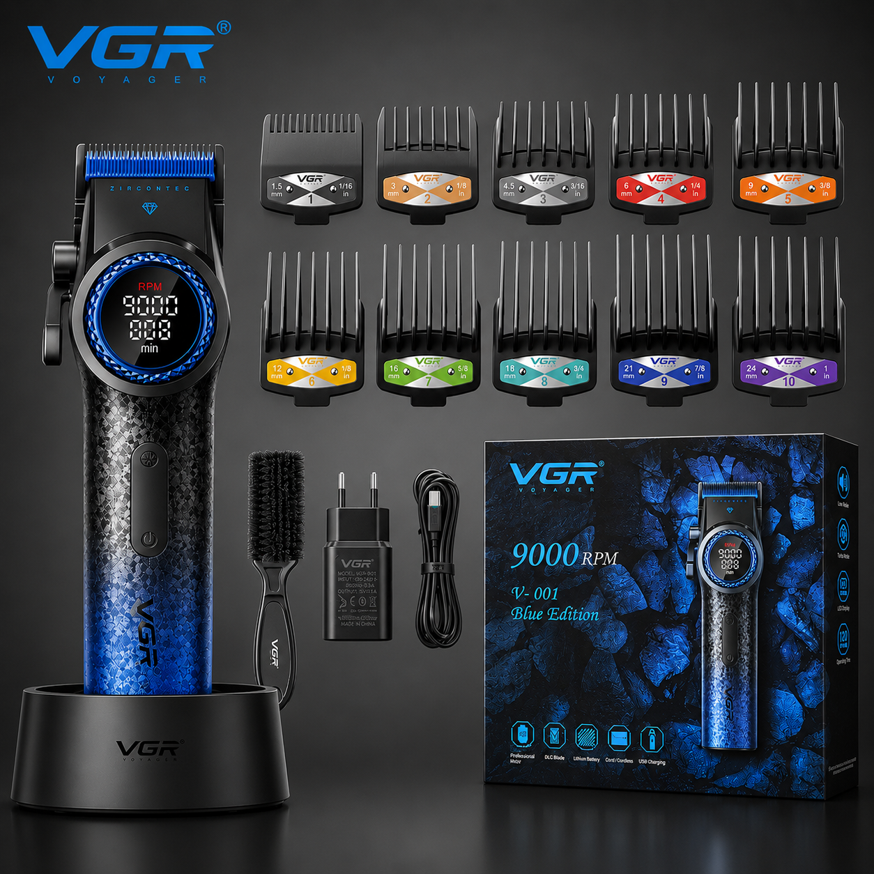 Cortapelos Profesional VGR V-001 – Motor de 9000 RPM, Cuchillas DLC y Batería de 4600 mAh