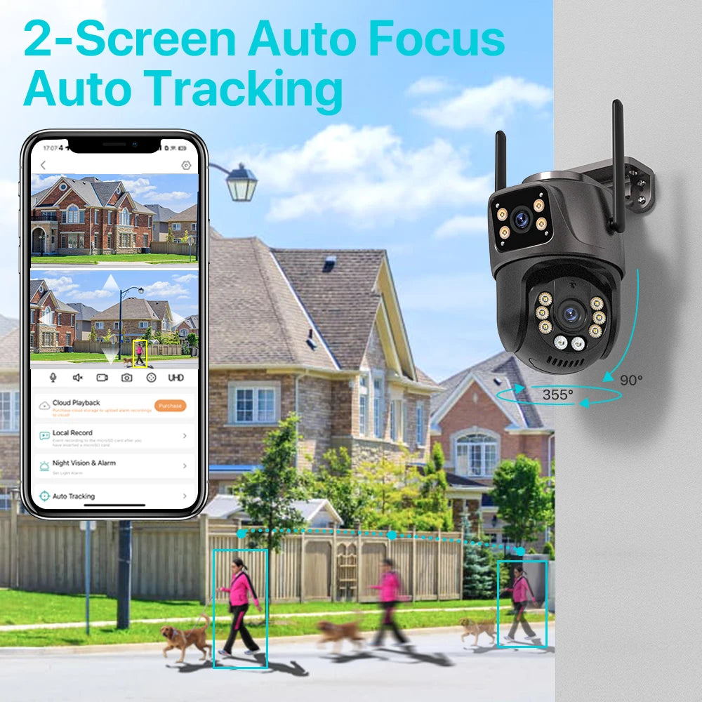 Cámara de Seguridad PTZ WiFi Exterior 4K 8MP HD | Doble Lente y Doble Pantalla con Seguimiento Inteligente por IA, Visión Nocturna a Color y Audio Bidireccional iCSee