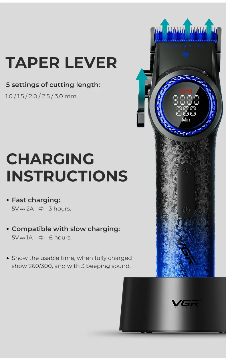 Cortapelos Profesional VGR V-001 – Motor de 9000 RPM, Cuchillas DLC y Batería de 4600 mAh