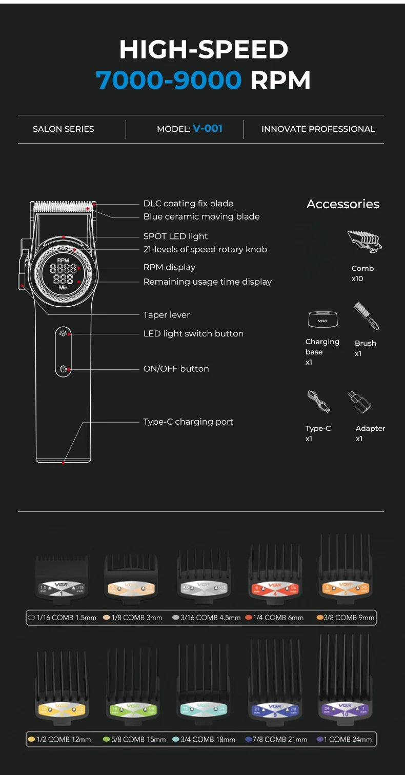 Cortapelos Profesional VGR V-001 – Motor de 9000 RPM, Cuchillas DLC y Batería de 4600 mAh