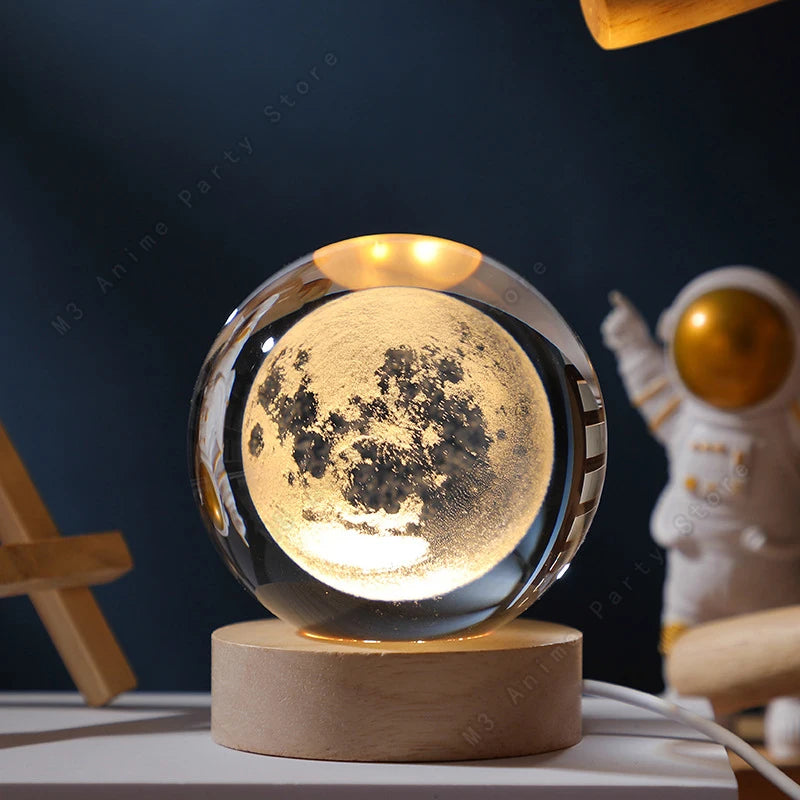 Lámpara de Noche de Bola de Cristal 3D con Base de Madera – Diseño Galaxia y Planetas