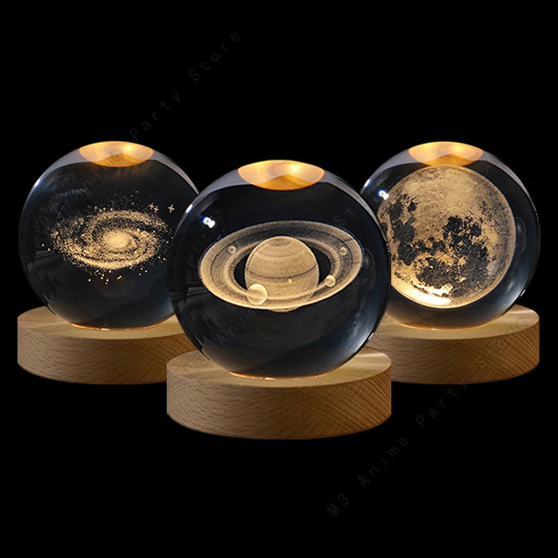 Lámpara de Noche de Bola de Cristal 3D con Base de Madera – Diseño Galaxia y Planetas