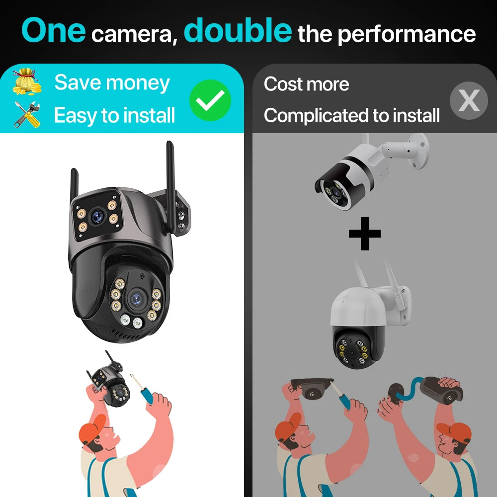 Cámara de Seguridad PTZ WiFi Exterior 4K 8MP HD | Doble Lente y Doble Pantalla con Seguimiento Inteligente por IA, Visión Nocturna a Color y Audio Bidireccional iCSee