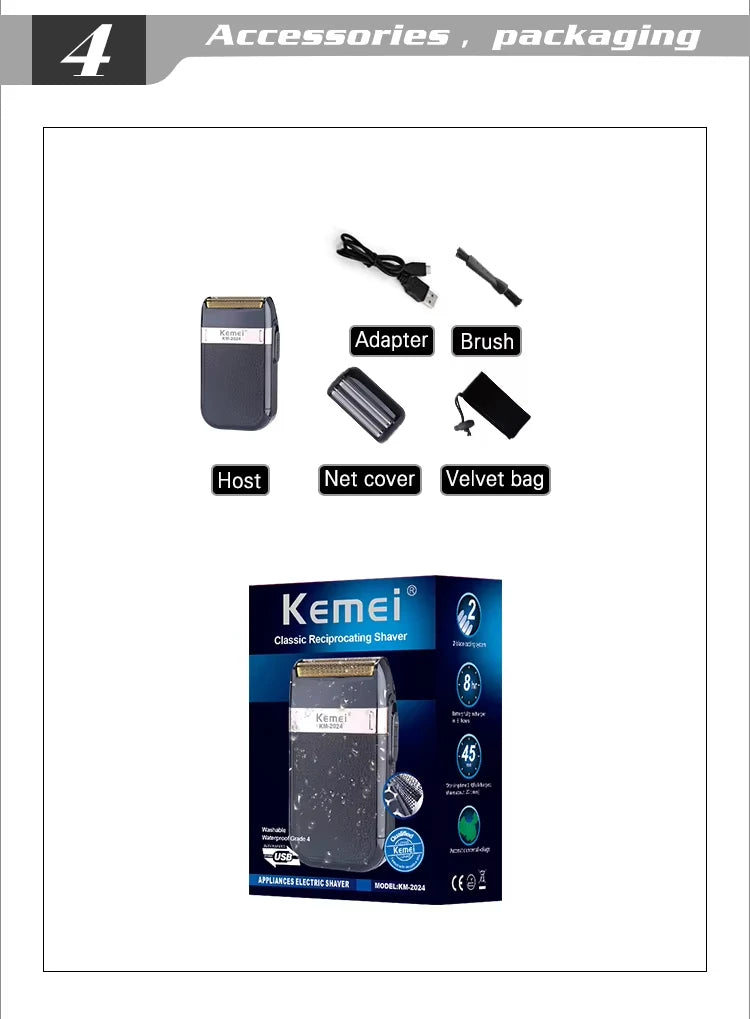Afeitadora Eléctrica Kemei KM-2024 – Recíproca de Doble Hoja y Resistente al Agua