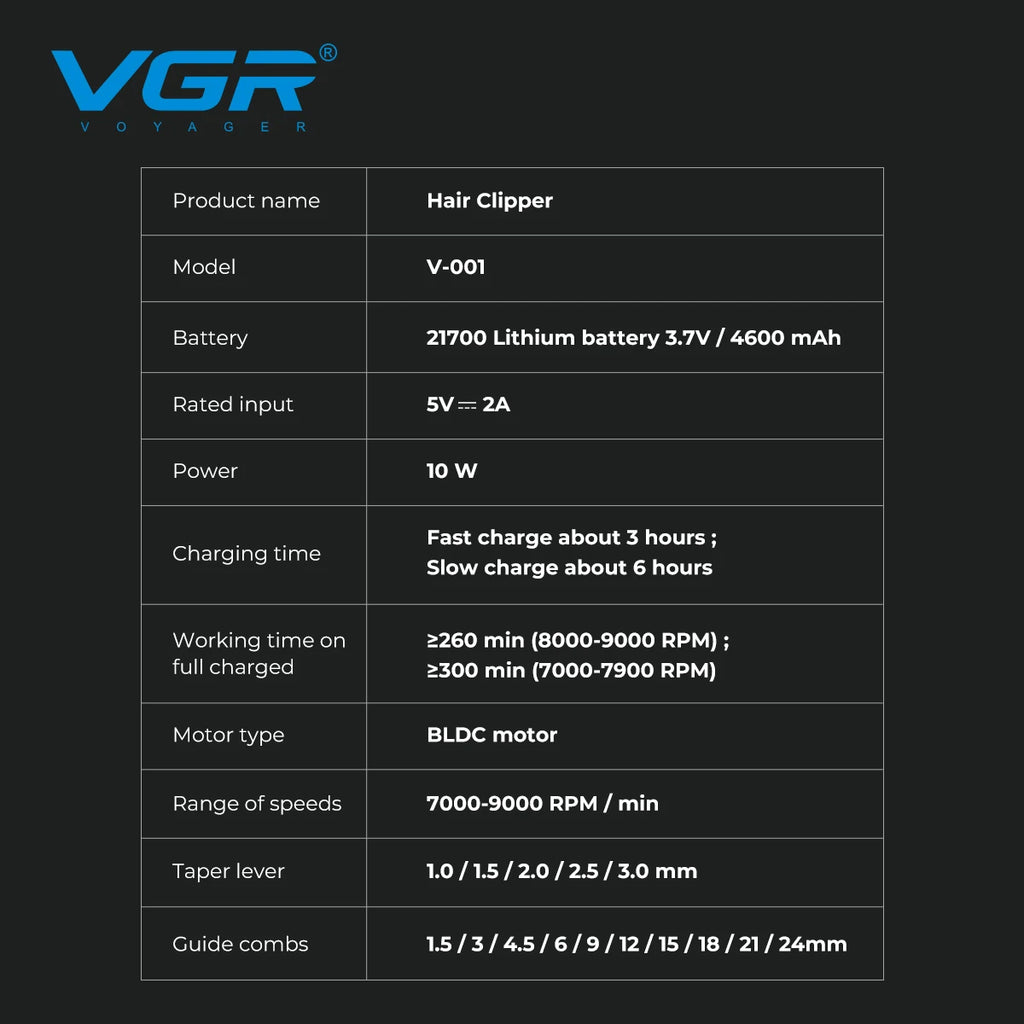 Cortapelos Profesional VGR V-001 – Motor de 9000 RPM, Cuchillas DLC y Batería de 4600 mAh