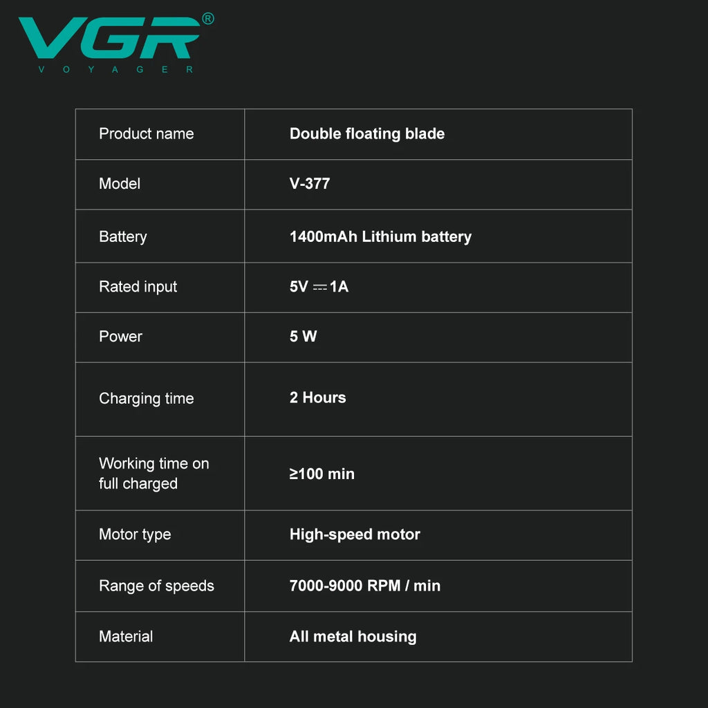 Afeitadora Profesional VGR V-377 – Cuerpo de Metal y Motor de Alta Velocidad (9000 RPM)
