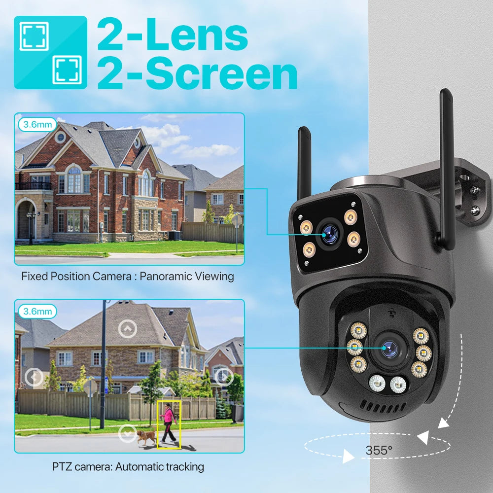 Cámara de Seguridad PTZ WiFi Exterior 4K 8MP HD | Doble Lente y Doble Pantalla con Seguimiento Inteligente por IA, Visión Nocturna a Color y Audio Bidireccional iCSee